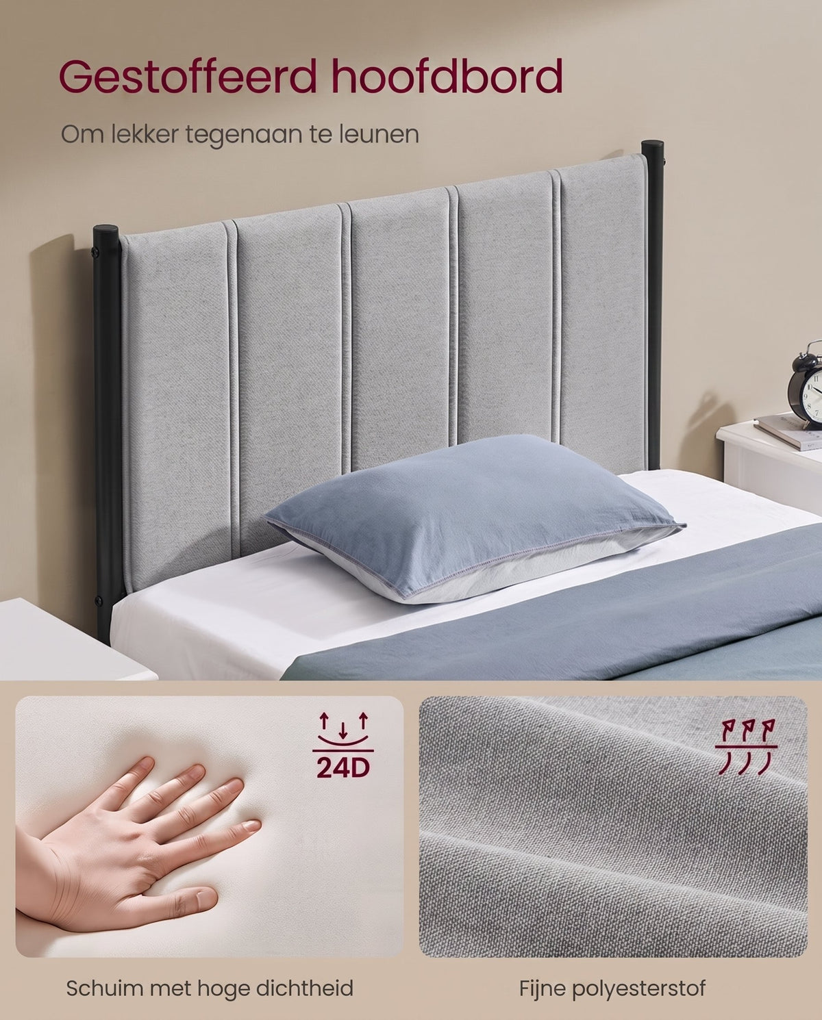 Metalen Bedframe met Zacht Gestoffeerd Hoofdbord, Duifgrijs