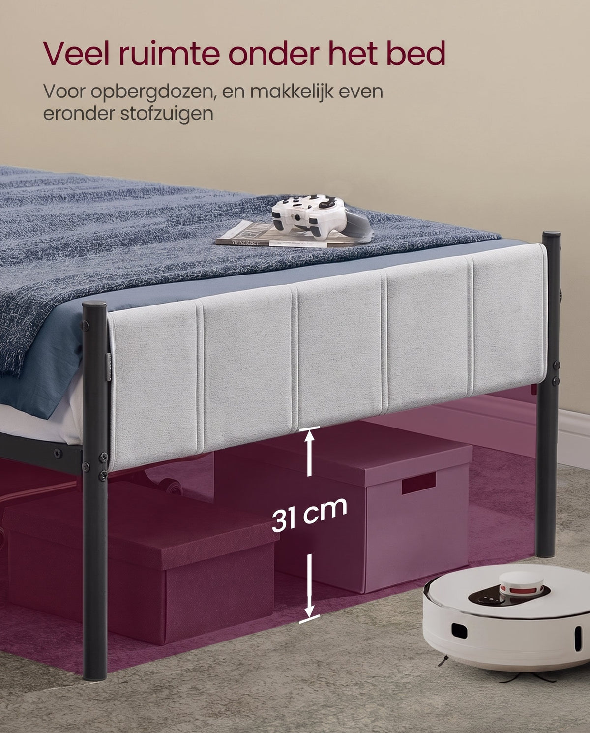 Metalen Bedframe met Zacht Gestoffeerd Hoofdbord, Duifgrijs