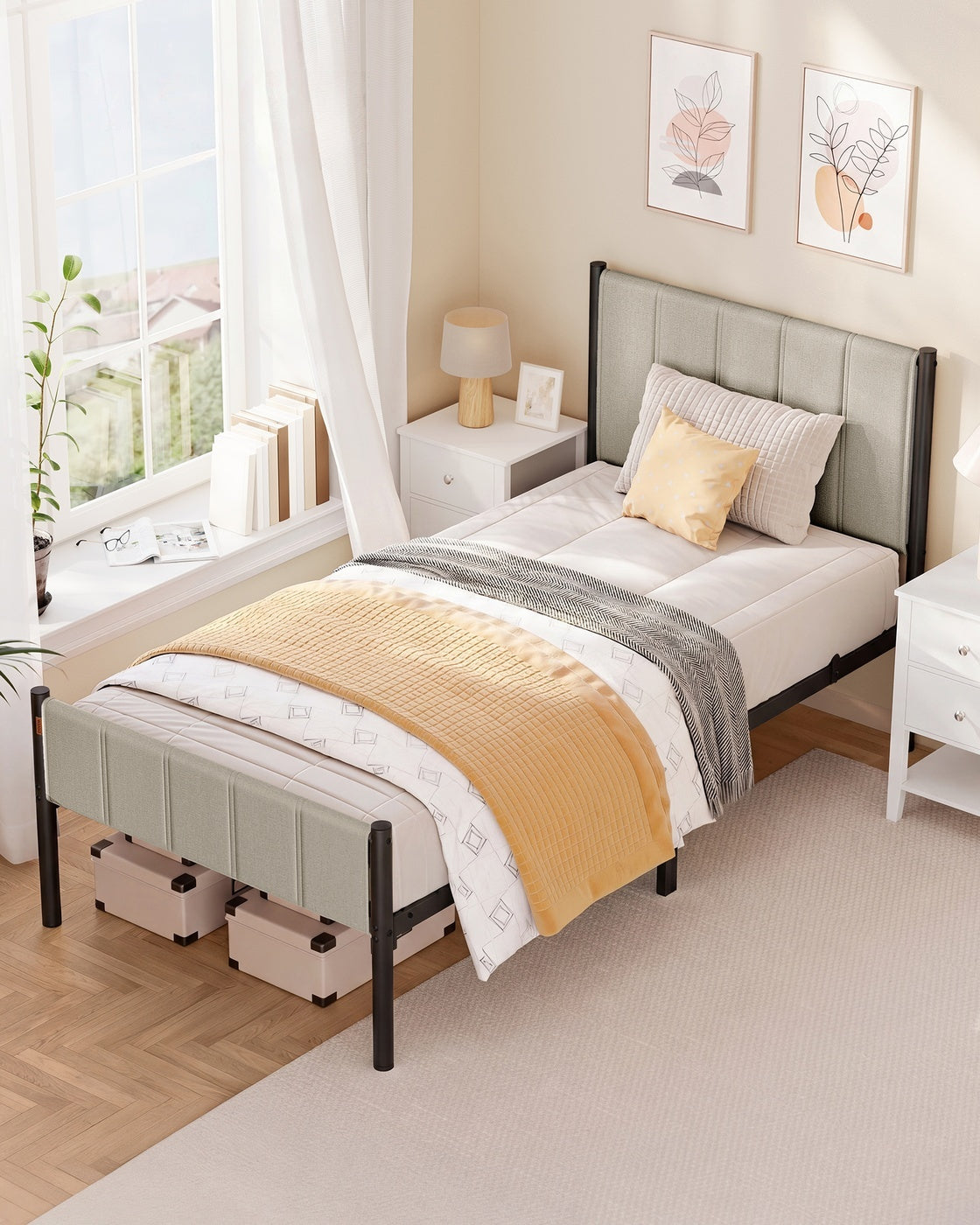 Metalen Bedframe met Zacht Gestoffeerd Hoofdbord, Duifgrijs