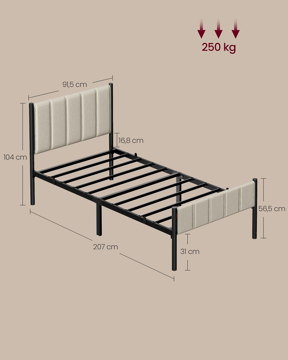 Metalen Bedframe met Zacht Gestoffeerd Hoofdbord, Duifgrijs