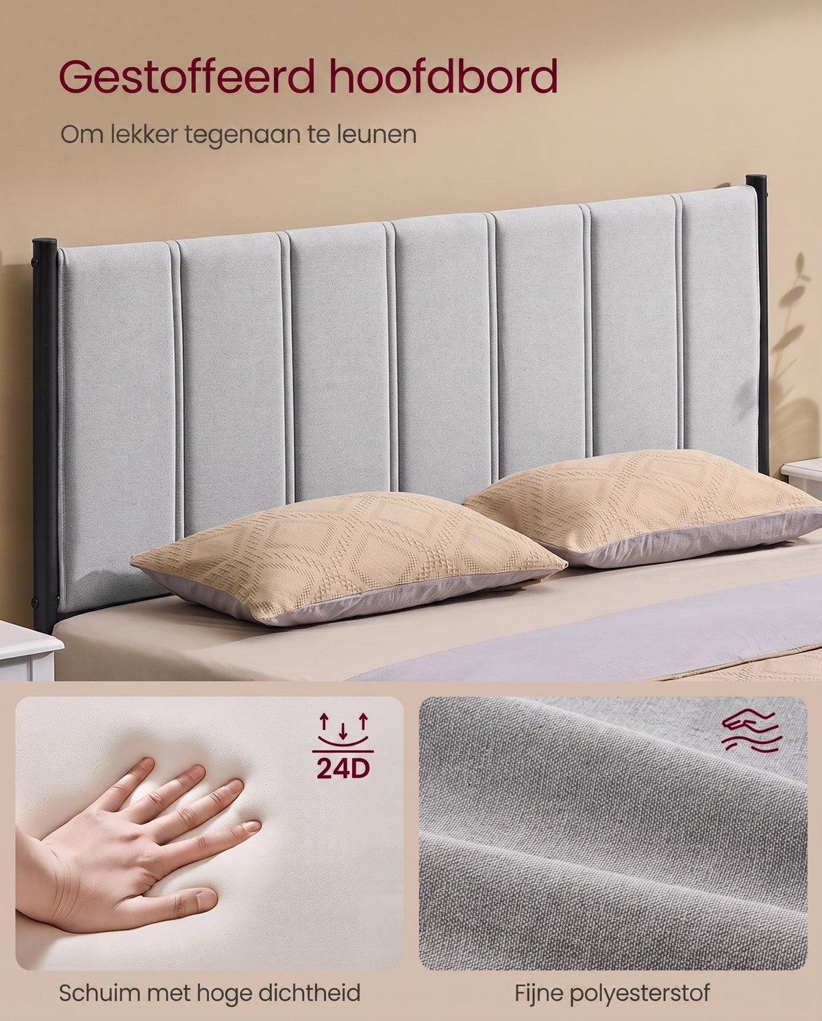 Metalen Bedframe met Zacht Gestoffeerd Hoofdbord, Duifgrijs