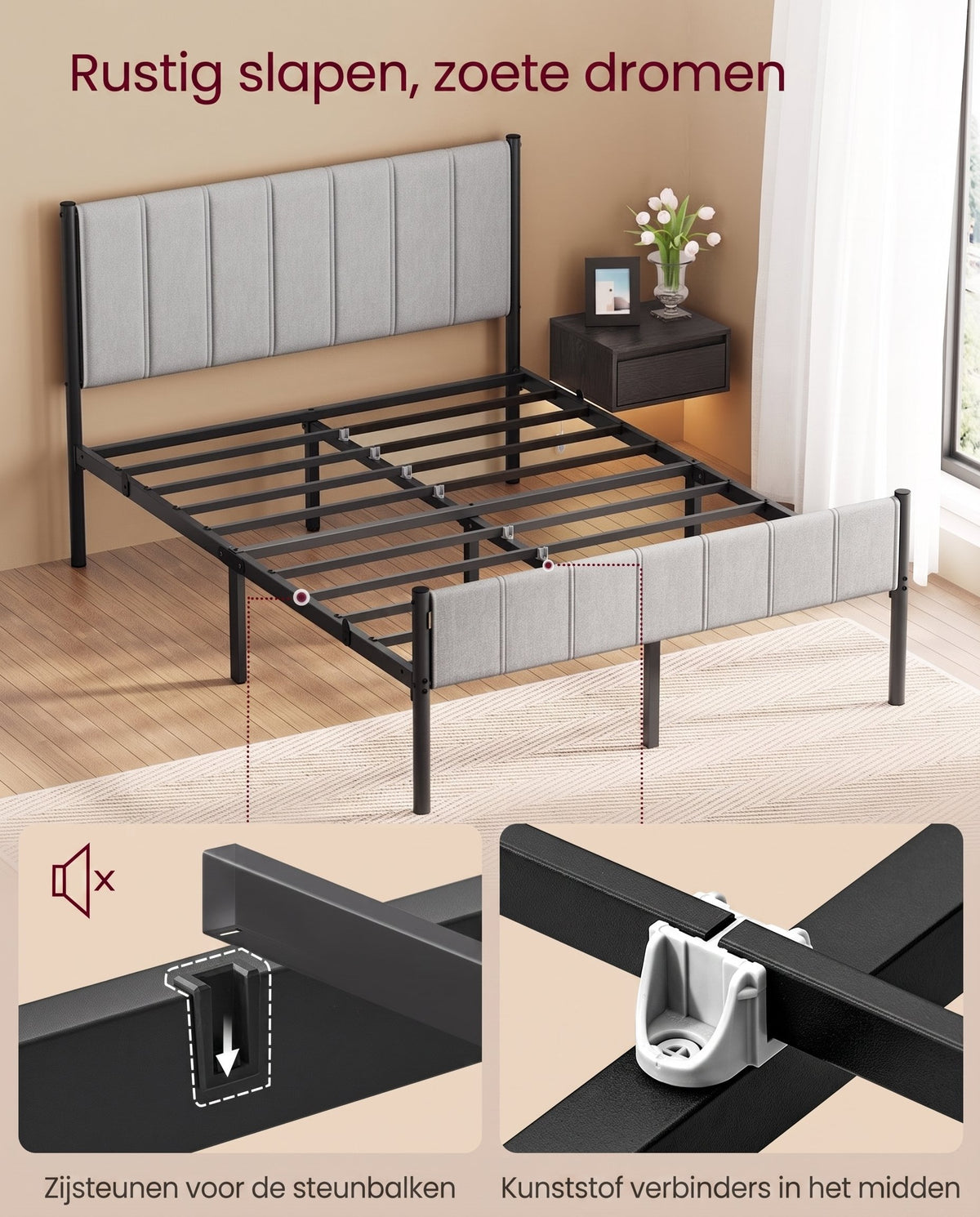 Metalen Bedframe met Zacht Gestoffeerd Hoofdbord, Duifgrijs