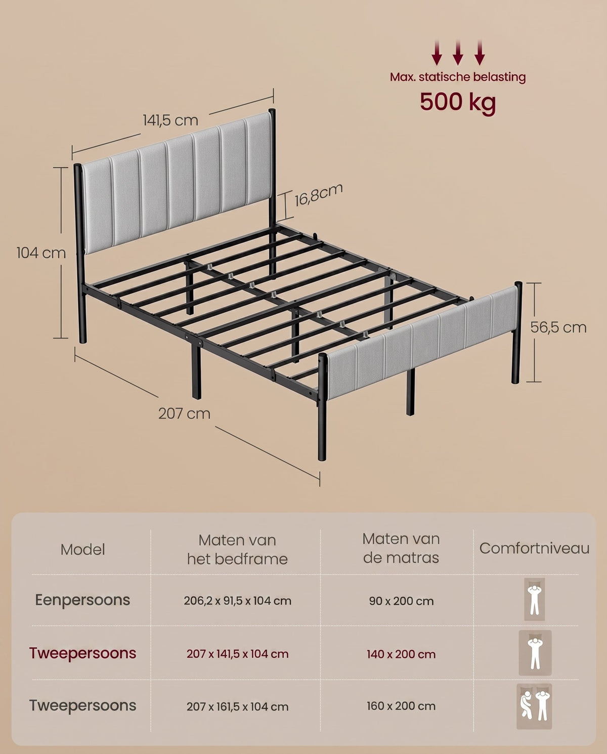 Metalen Bedframe met Zacht Gestoffeerd Hoofdbord, Duifgrijs