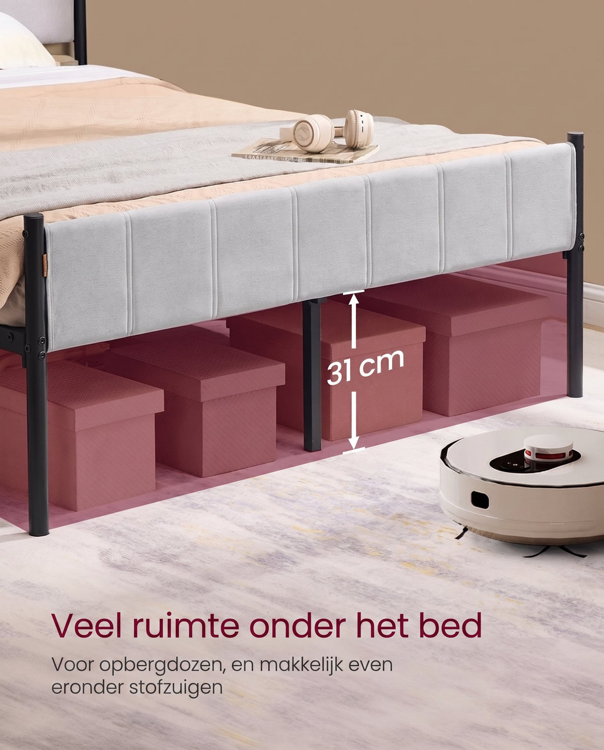 Metalen Bedframe met Zacht Gestoffeerd Hoofdbord, Duifgrijs
