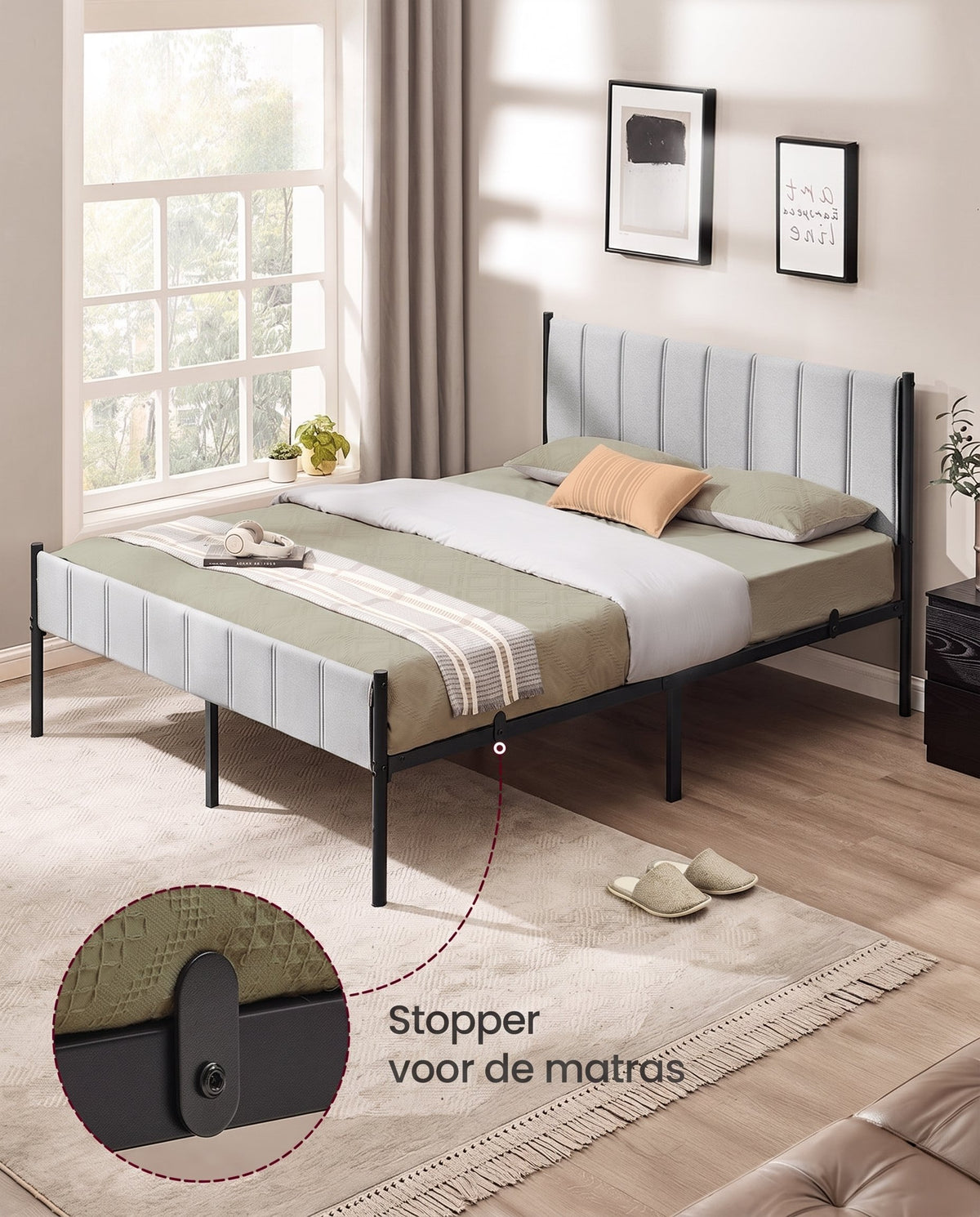 Metalen Bedframe met Zacht Gestoffeerd Hoofdbord, Duifgrijs