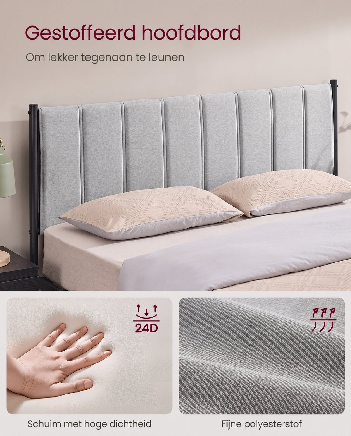 Metalen Bedframe met Zacht Gestoffeerd Hoofdbord, Duifgrijs