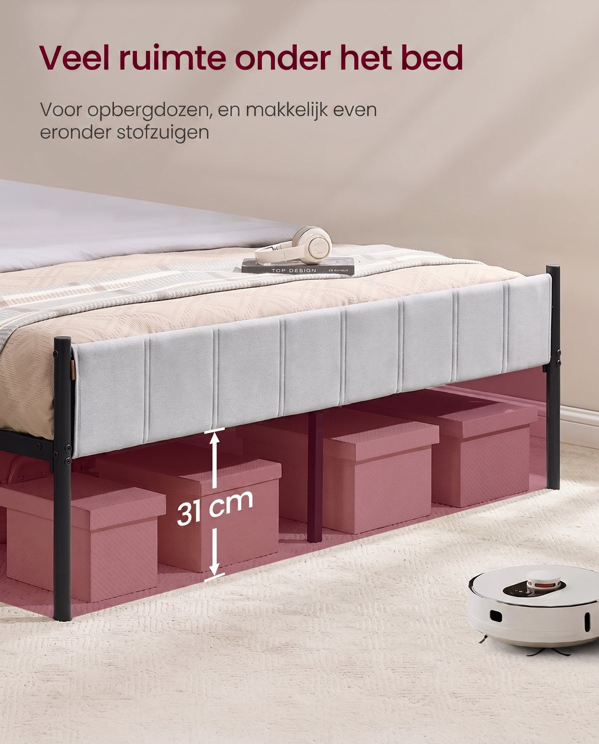 Metalen Bedframe met Zacht Gestoffeerd Hoofdbord, Duifgrijs