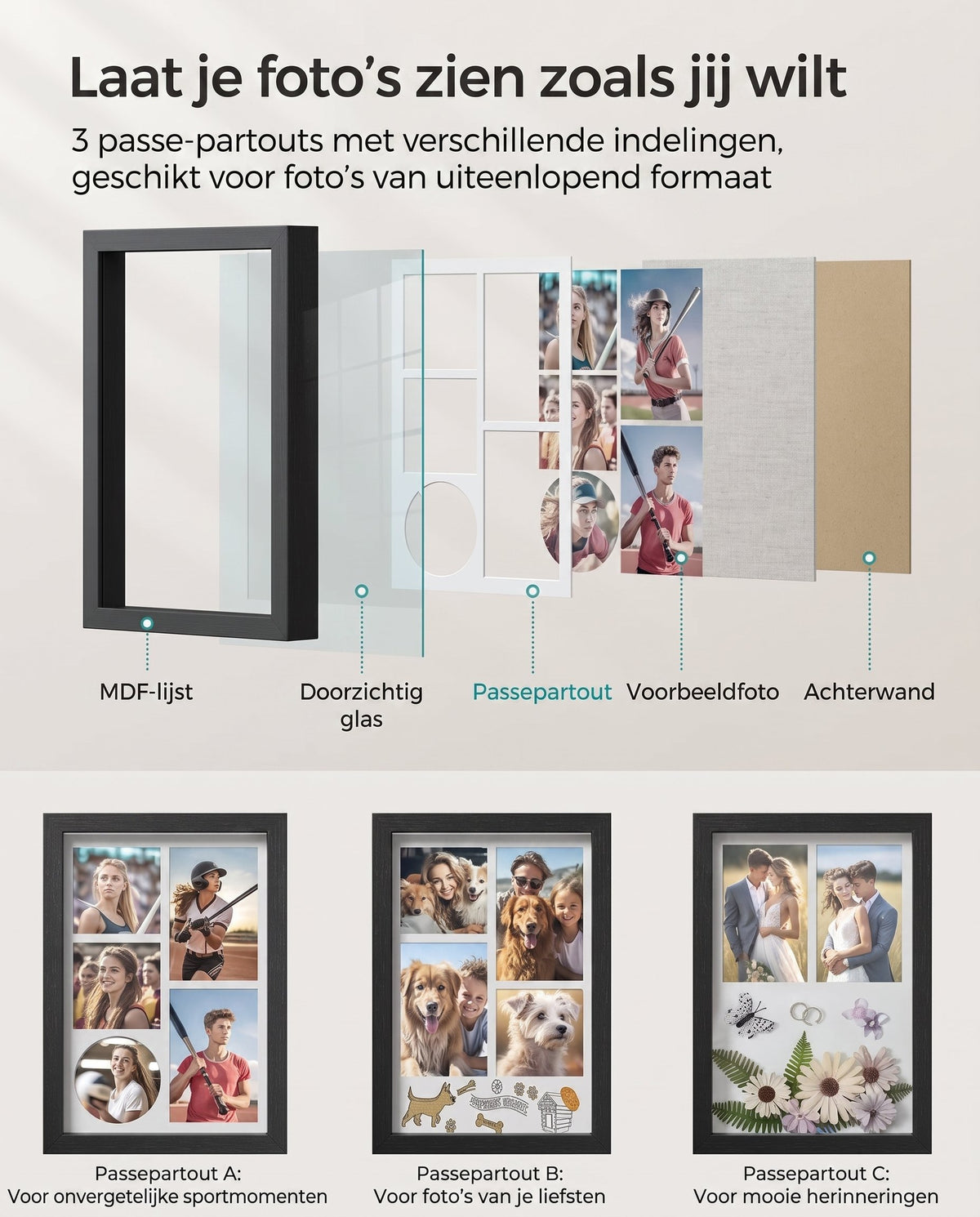 Fotolijst A4 om te Vullen met 6 Passe-partouts en Muurhaken, Los of Set van 2