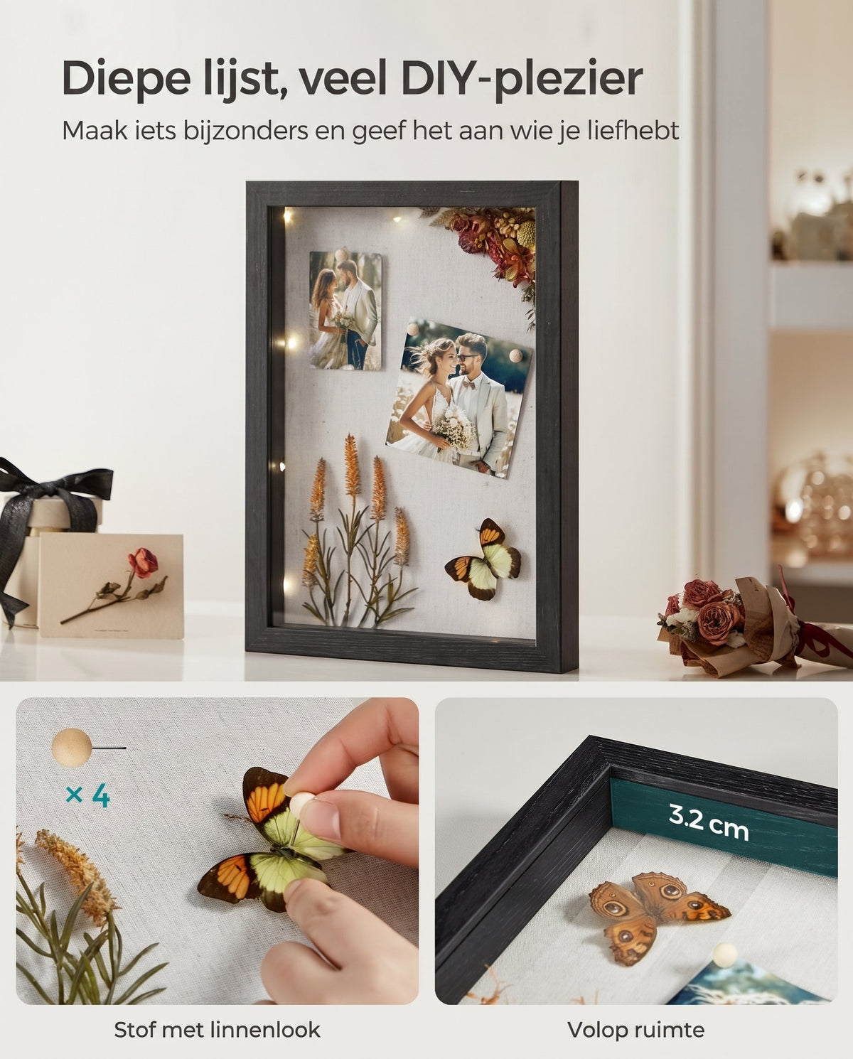 Fotolijst A4 om te Vullen met 6 Passe-partouts en Muurhaken, Los of Set van 2