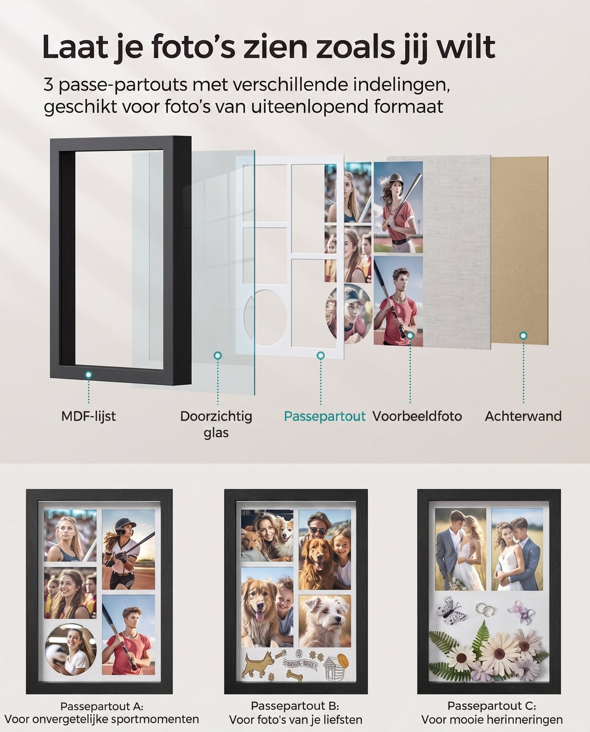 Fotolijst A4 om te Vullen met 6 Passe-partouts en Muurhaken, Los of Set van 2