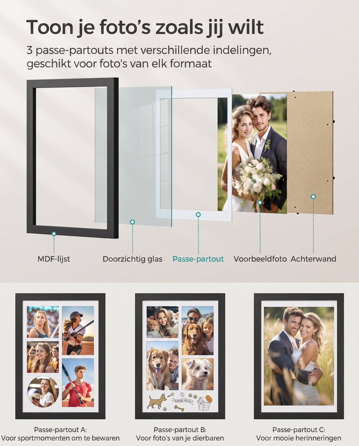 Fotolijst A4 met 3 Passe-partouts en Muurhaken zonder Boren, 36,5 x 26 cm
