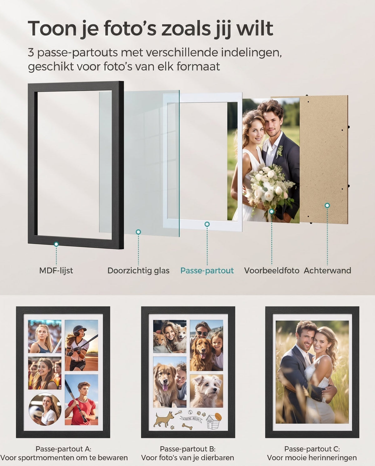 Fotolijst A4 met 3 Passe-partouts en Muurhaken zonder Boren, 36,5 x 26 cm