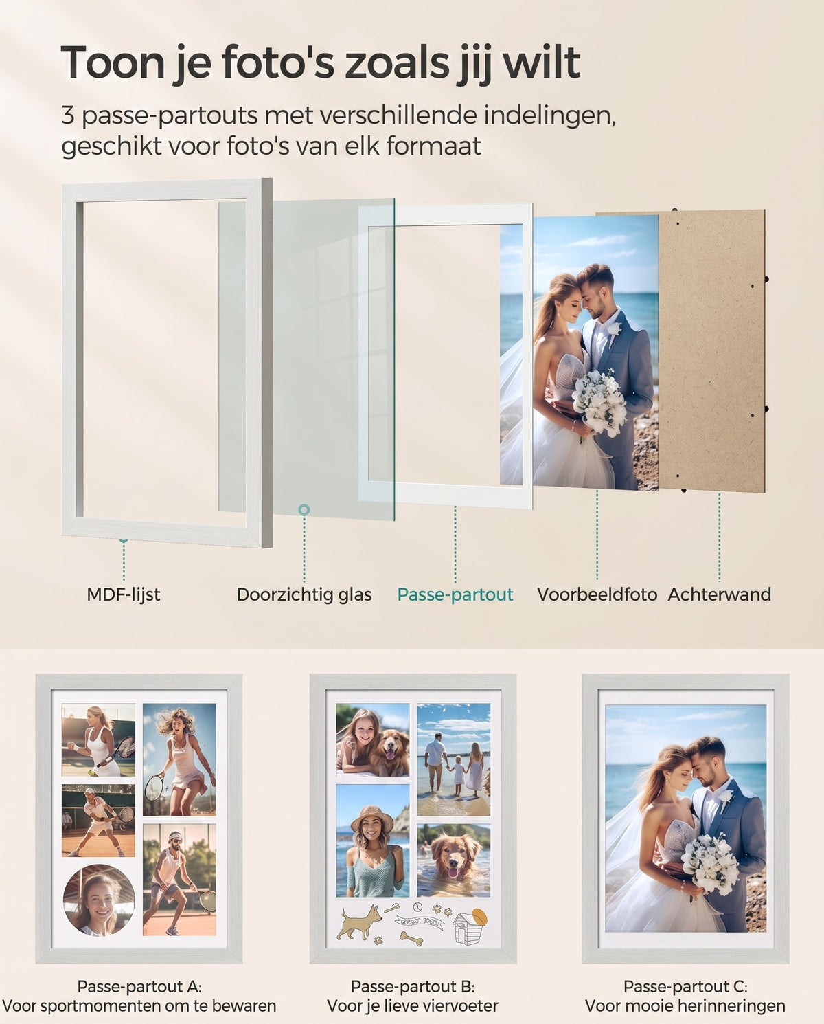 Fotolijst A4 met 3 Passe-partouts en Muurhaken zonder Boren, 36,5 x 26 cm