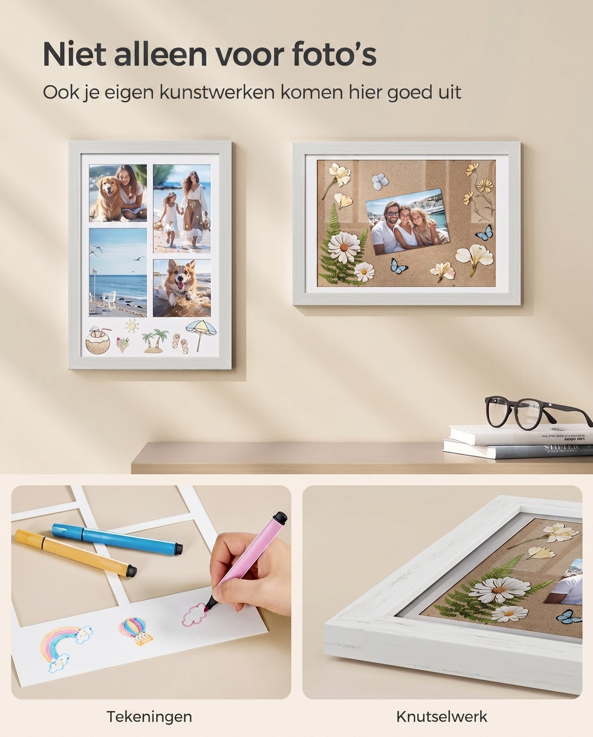 Fotolijst A4 met 3 Passe-partouts en Muurhaken zonder Boren, 36,5 x 26 cm