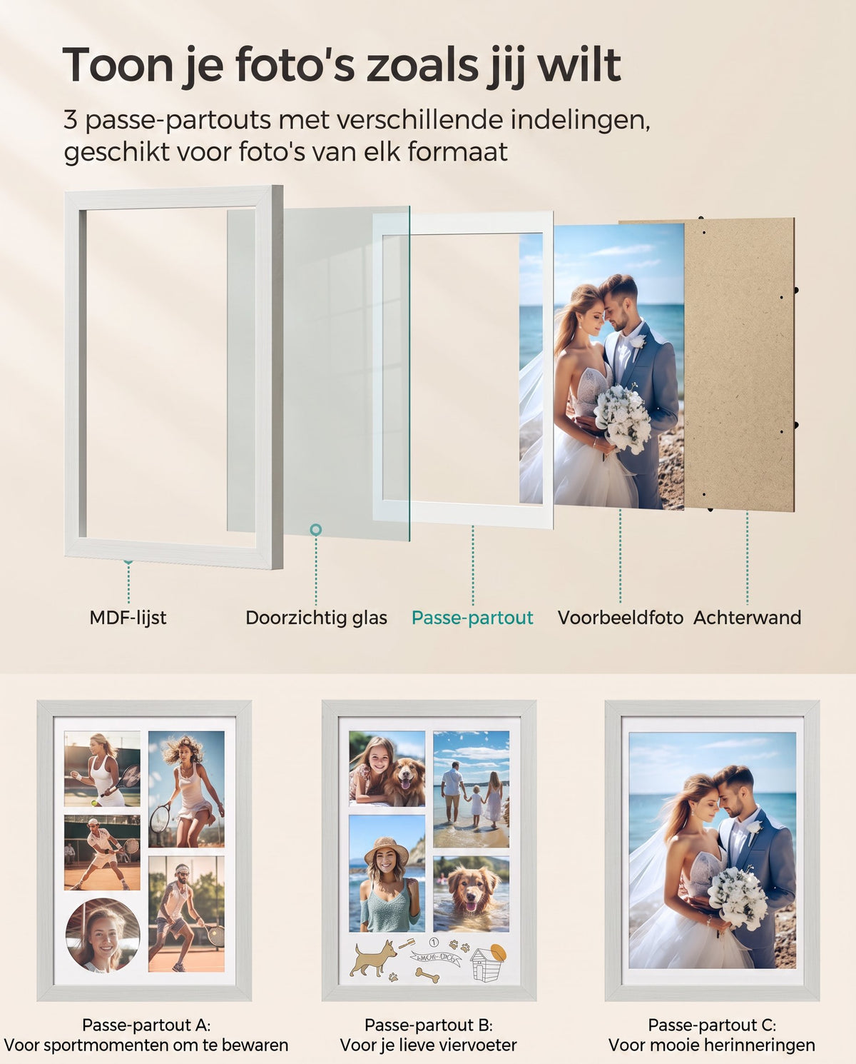 Fotolijst A4 met 3 Passe-partouts en Muurhaken zonder Boren, 36,5 x 26 cm