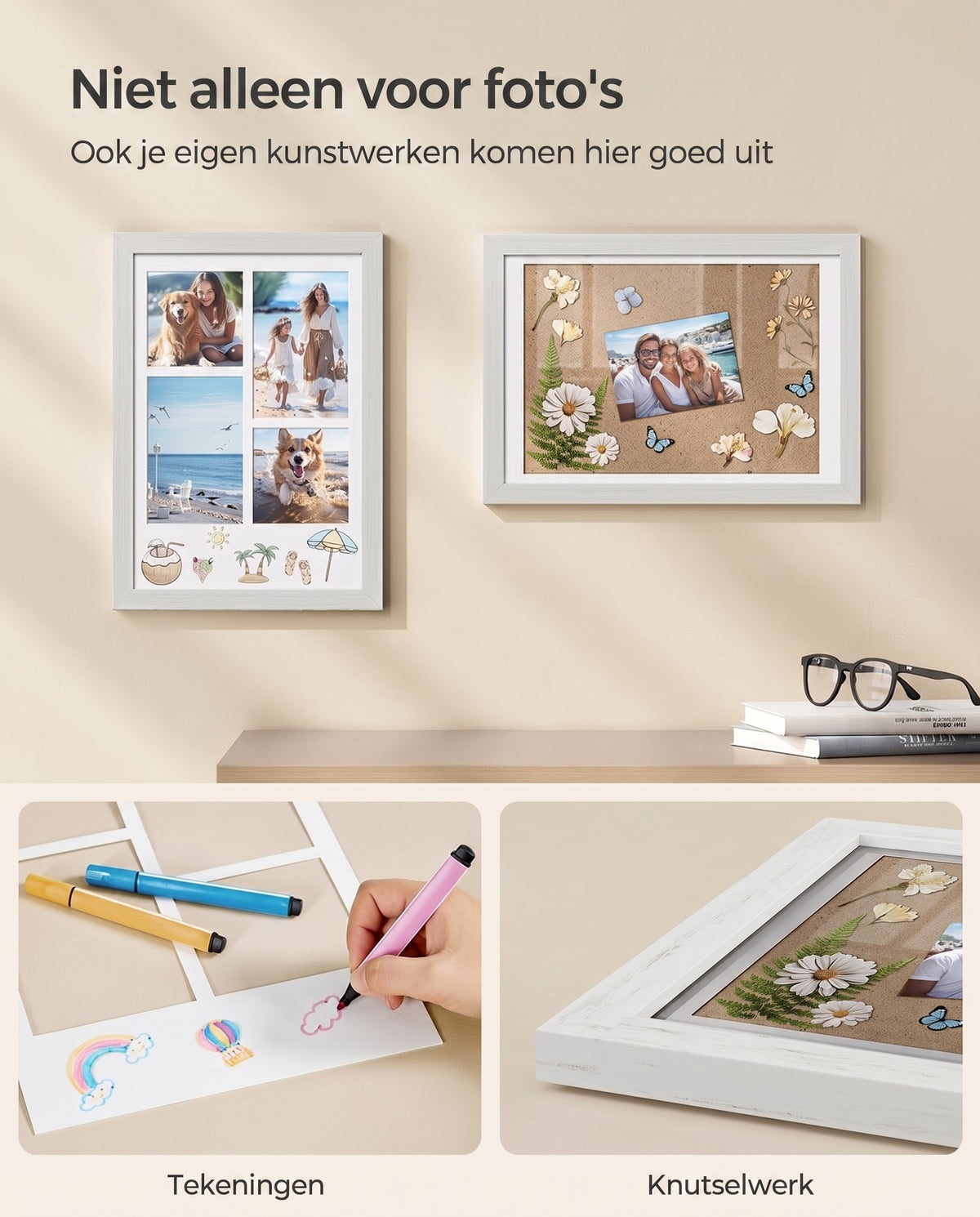 Fotolijst A4 met 3 Passe-partouts en Muurhaken zonder Boren, 36,5 x 26 cm