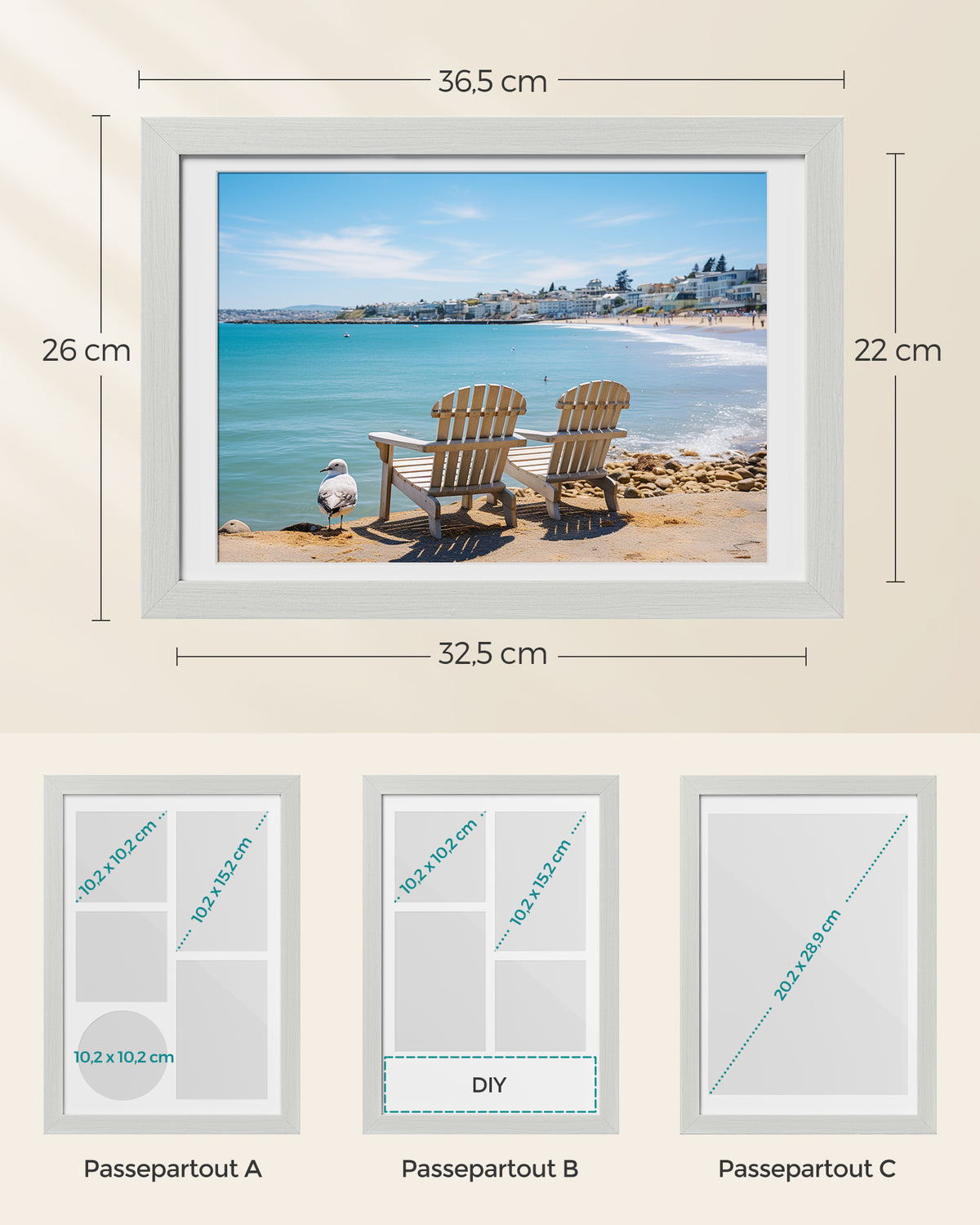 Fotolijst A4 met 3 Passe-partouts en Muurhaken zonder Boren, 36,5 x 26 cm