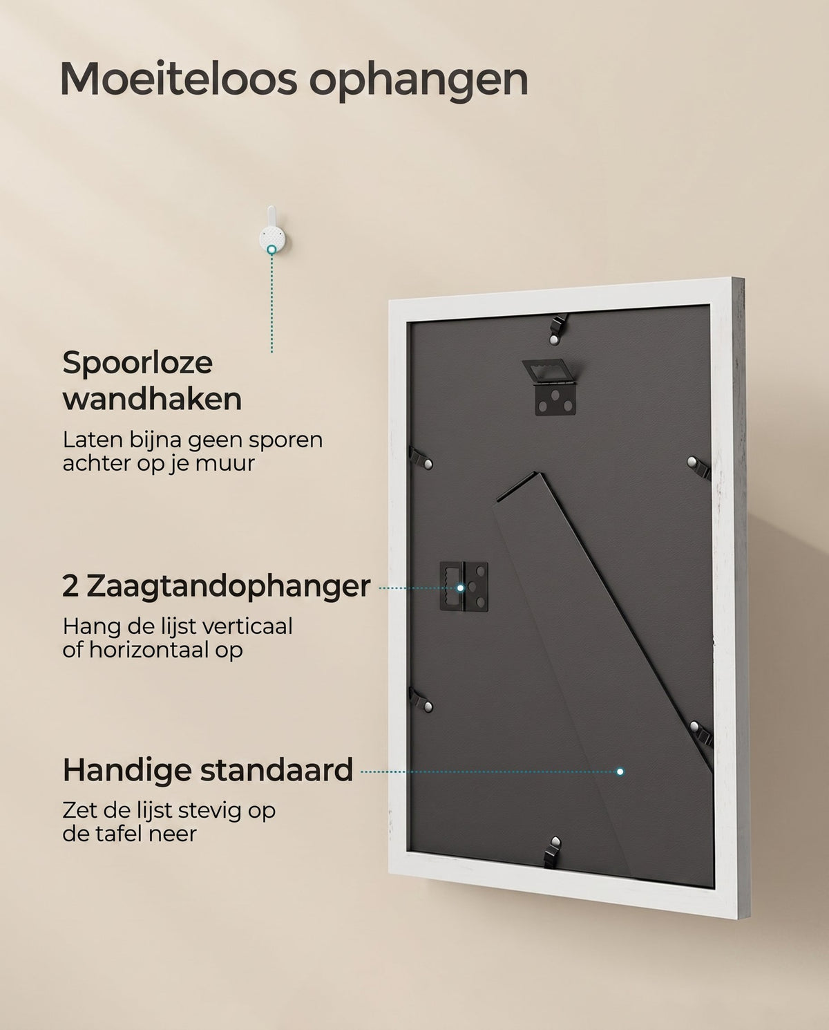 Fotolijst A4 met 3 Passe-partouts en Muurhaken zonder Boren, 36,5 x 26 cm