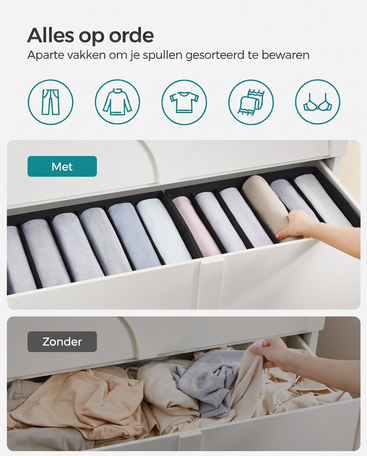 Opvouwbare Kledingkastorganizers met 6 Vakken, Set van 4, 42 x 30 x 17 cm
