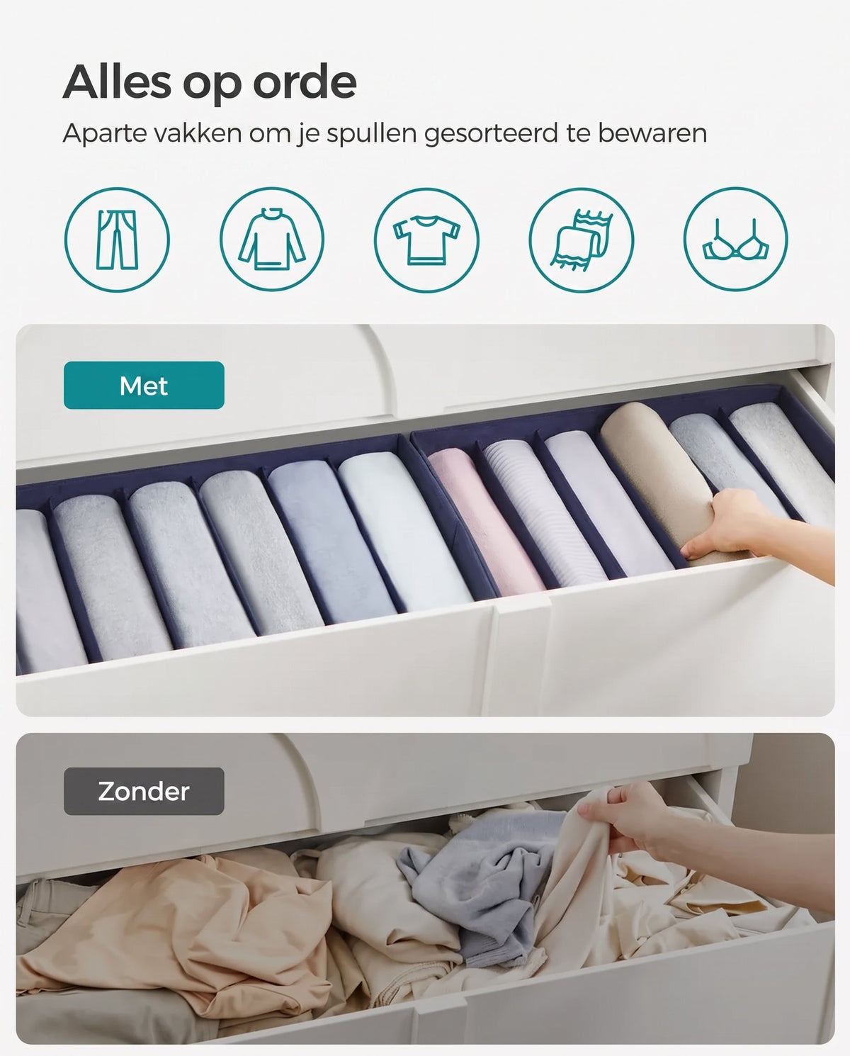 Opvouwbare Kledingkastorganizers met 6 Vakken, Set van 4, 42 x 30 x 17 cm