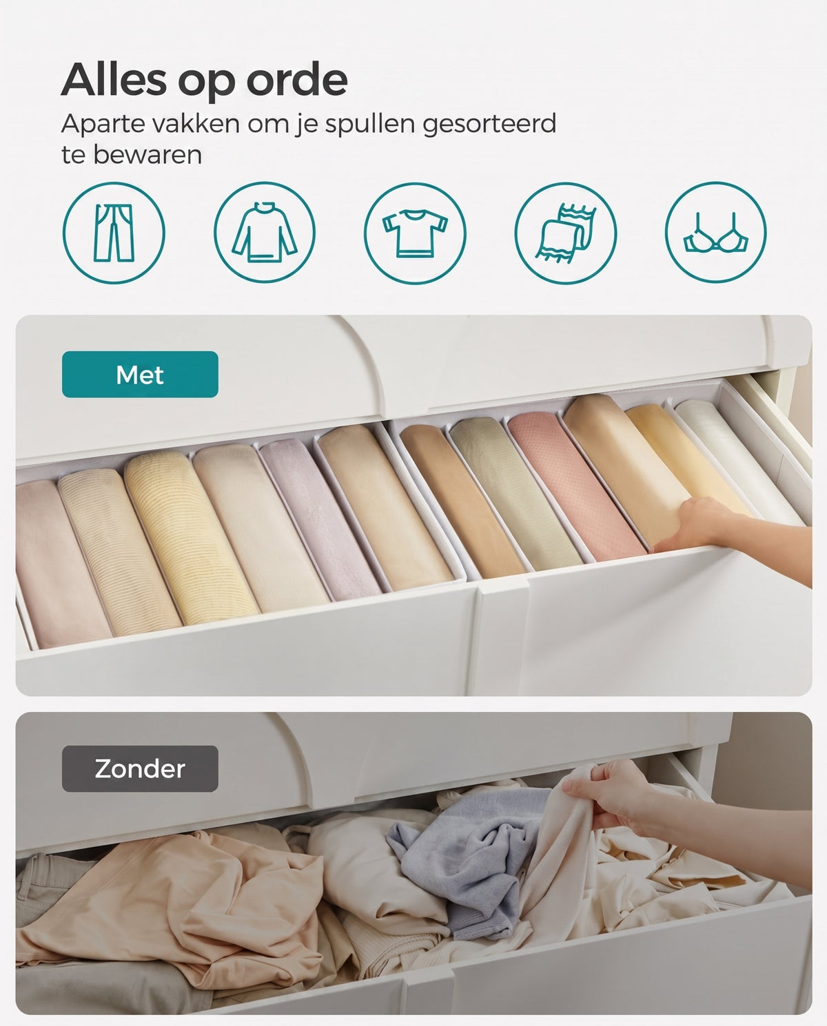 Opvouwbare Kledingkastorganizers met 6 Vakken, Set van 4, 42 x 30 x 17 cm