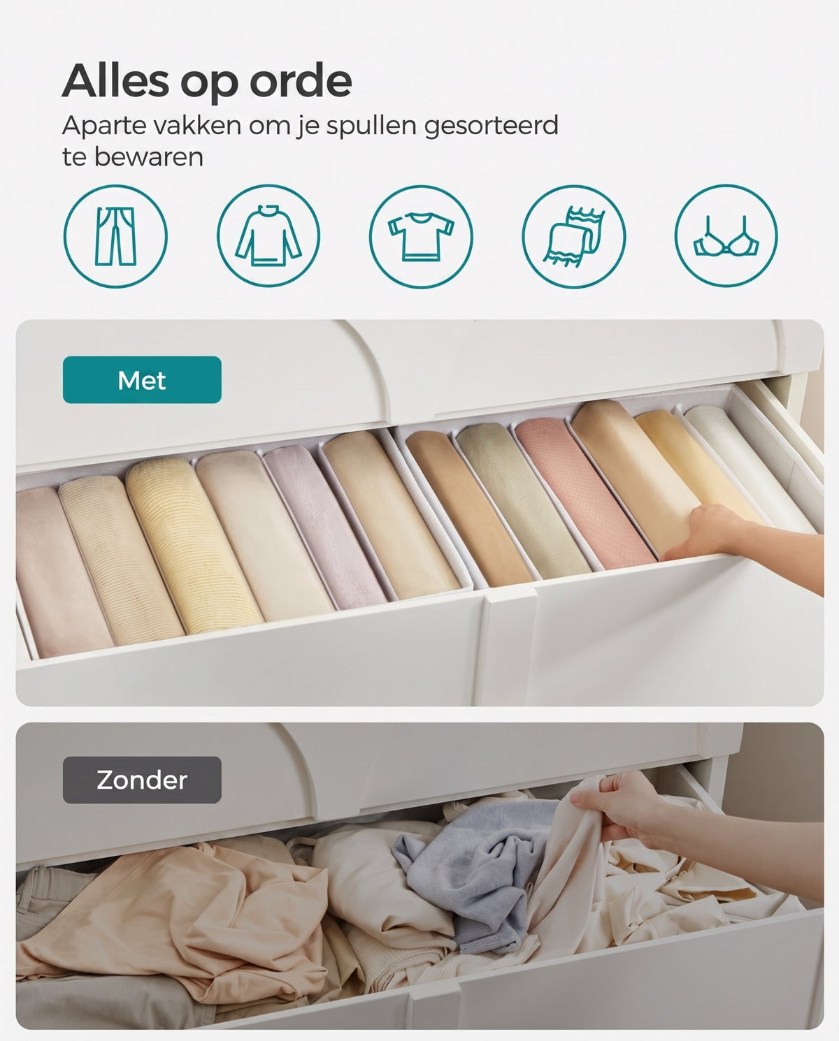 Opvouwbare Kledingkastorganizers met 6 Vakken, Set van 4, 42 x 30 x 17 cm