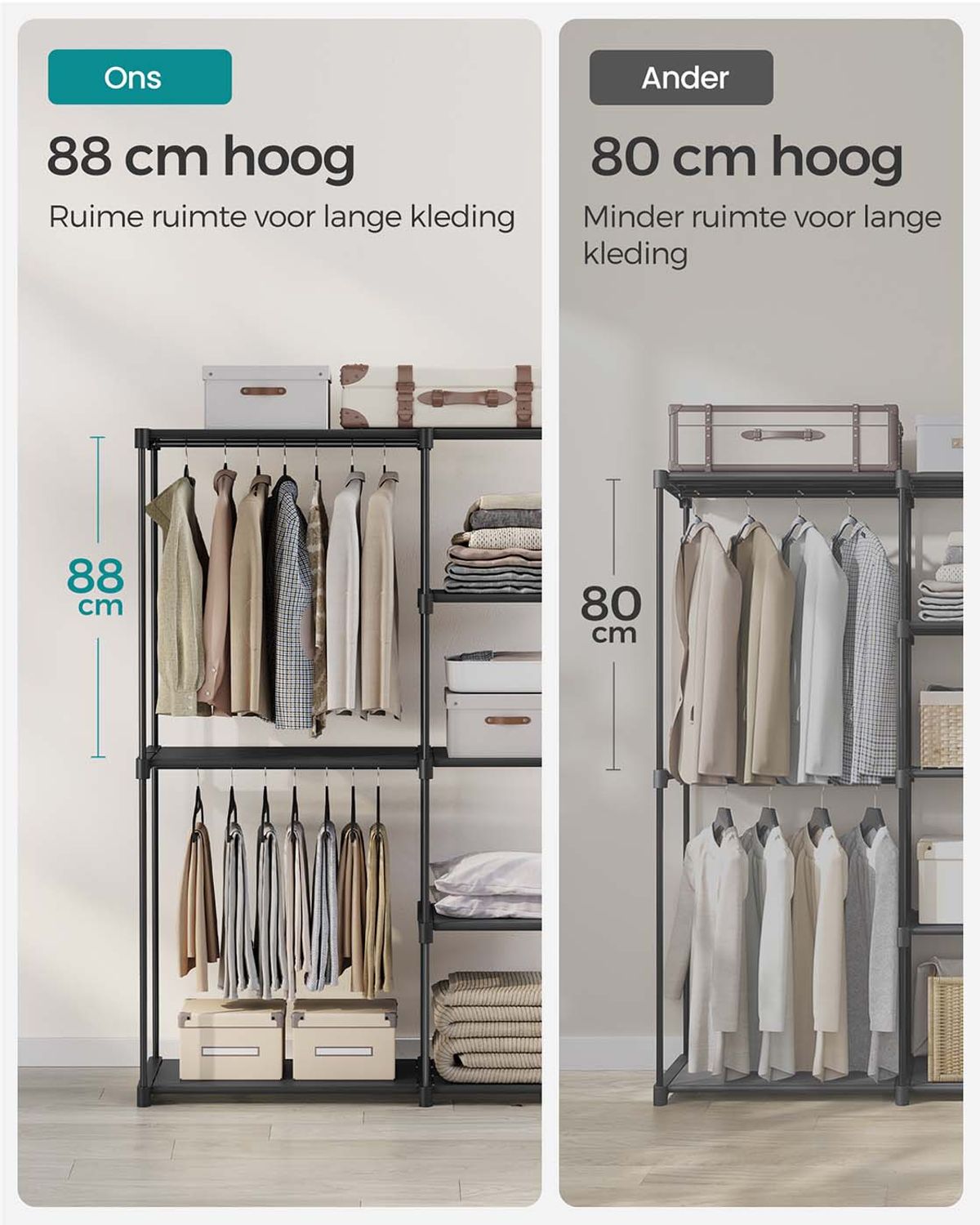 Open Kledingkast met Kledingstangen en Opbergruimte, 112-124 cm breed