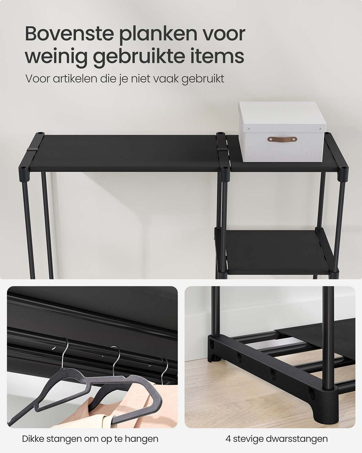 Open Kledingkast met Kledingstangen en Opbergruimte, 112-124 cm breed