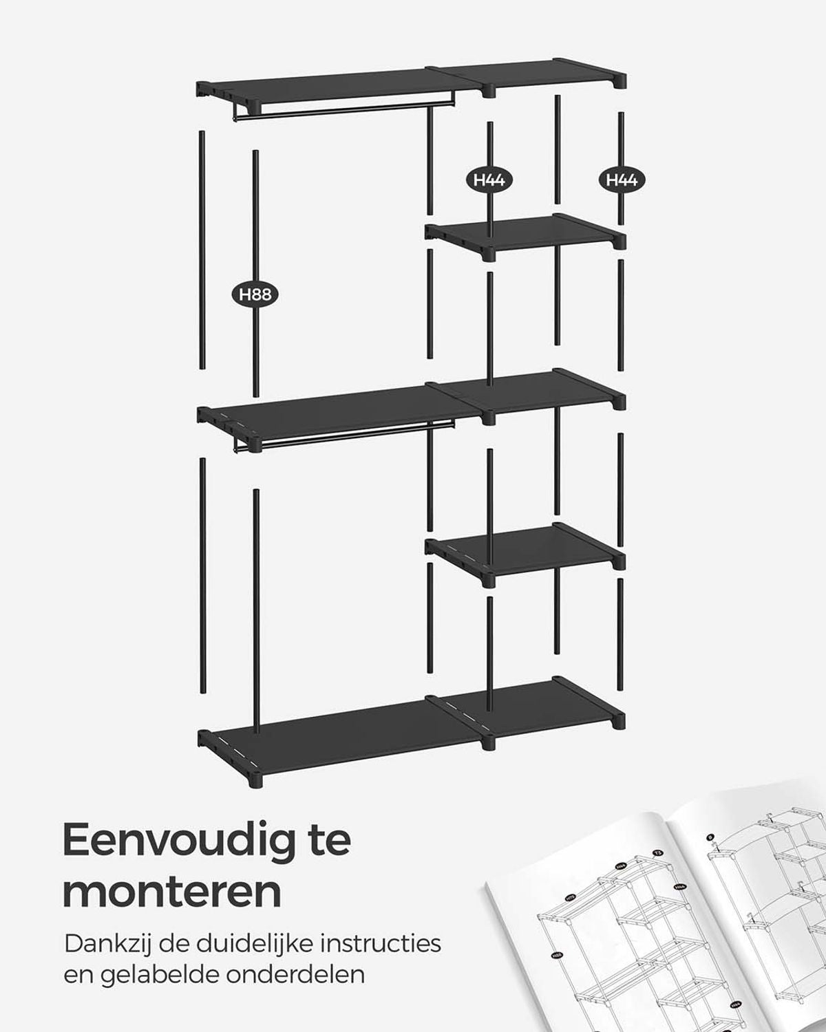 Open Kledingkast met Kledingstangen en Opbergruimte, 112-124 cm breed