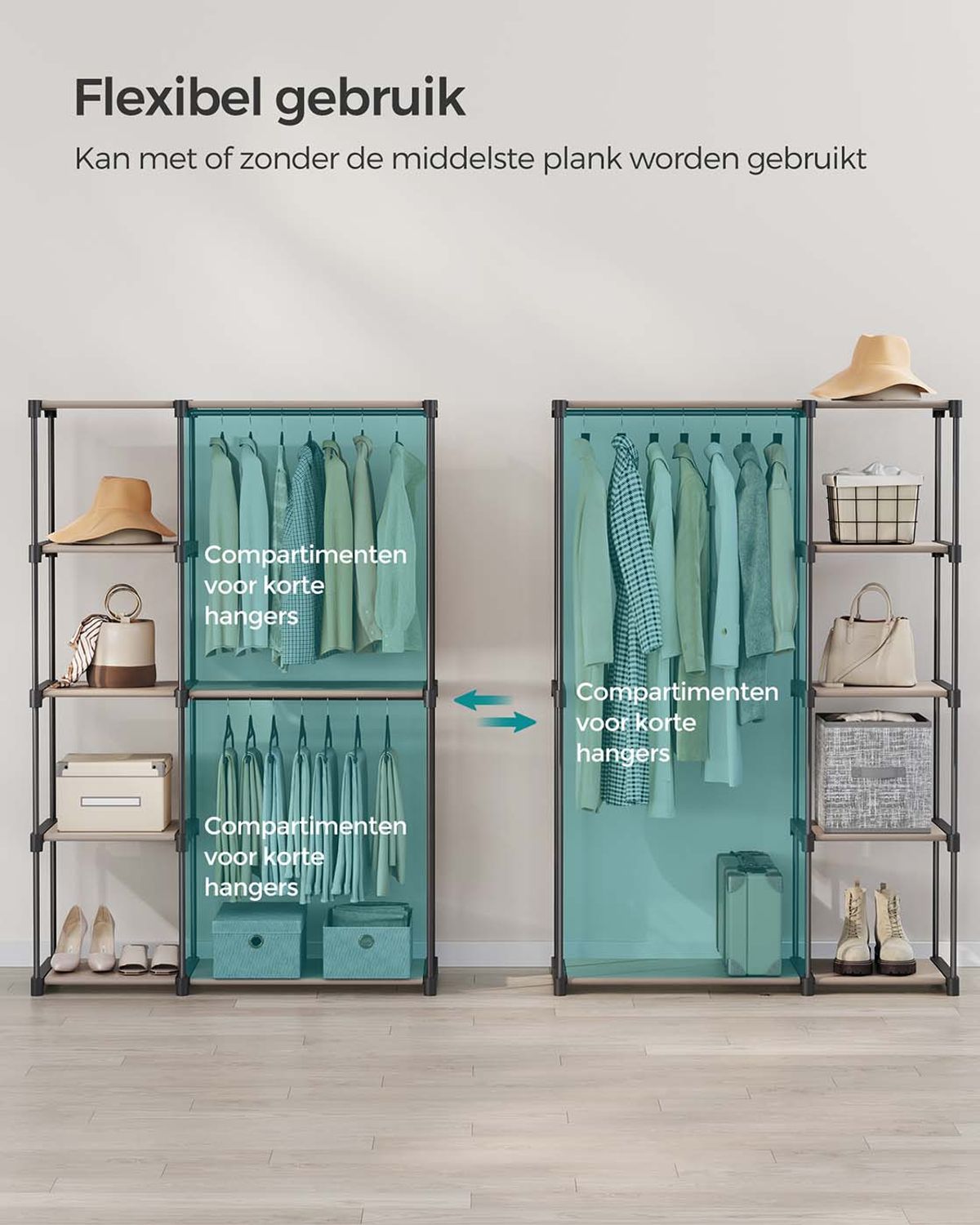 Open Kledingkast met Kledingstangen en Opbergruimte, 112-124 cm breed