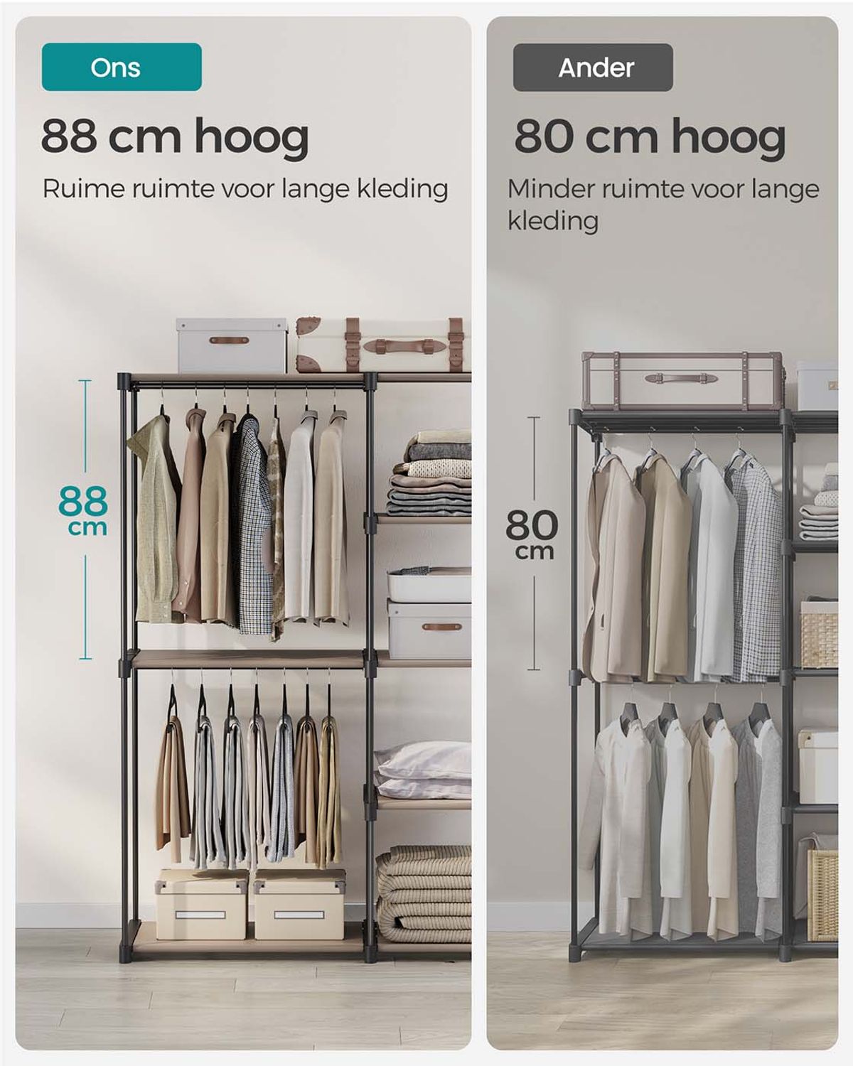 Open Kledingkast met Kledingstangen en Opbergruimte, 112-124 cm breed