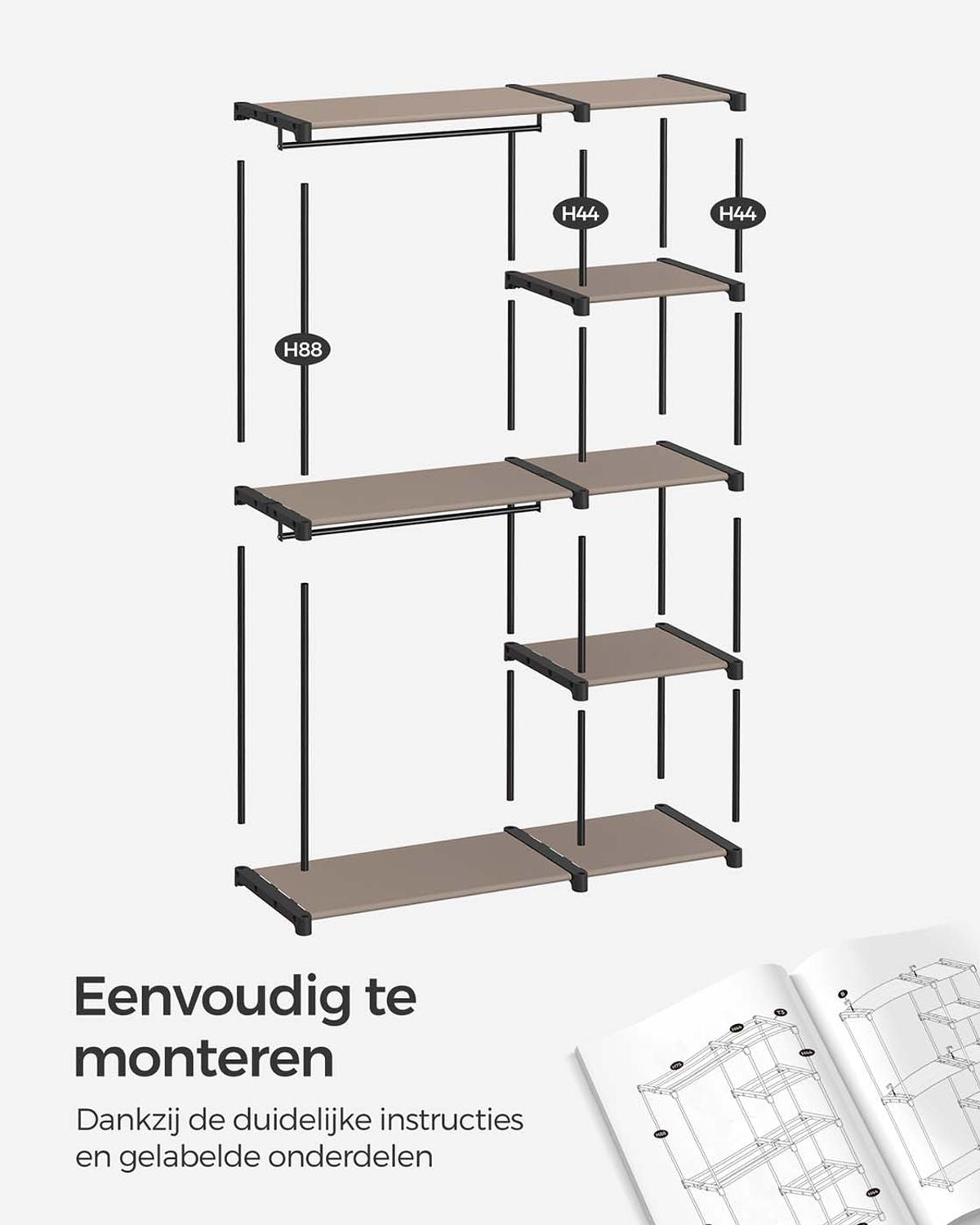 Open Kledingkast met Kledingstangen en Opbergruimte, 112-124 cm breed