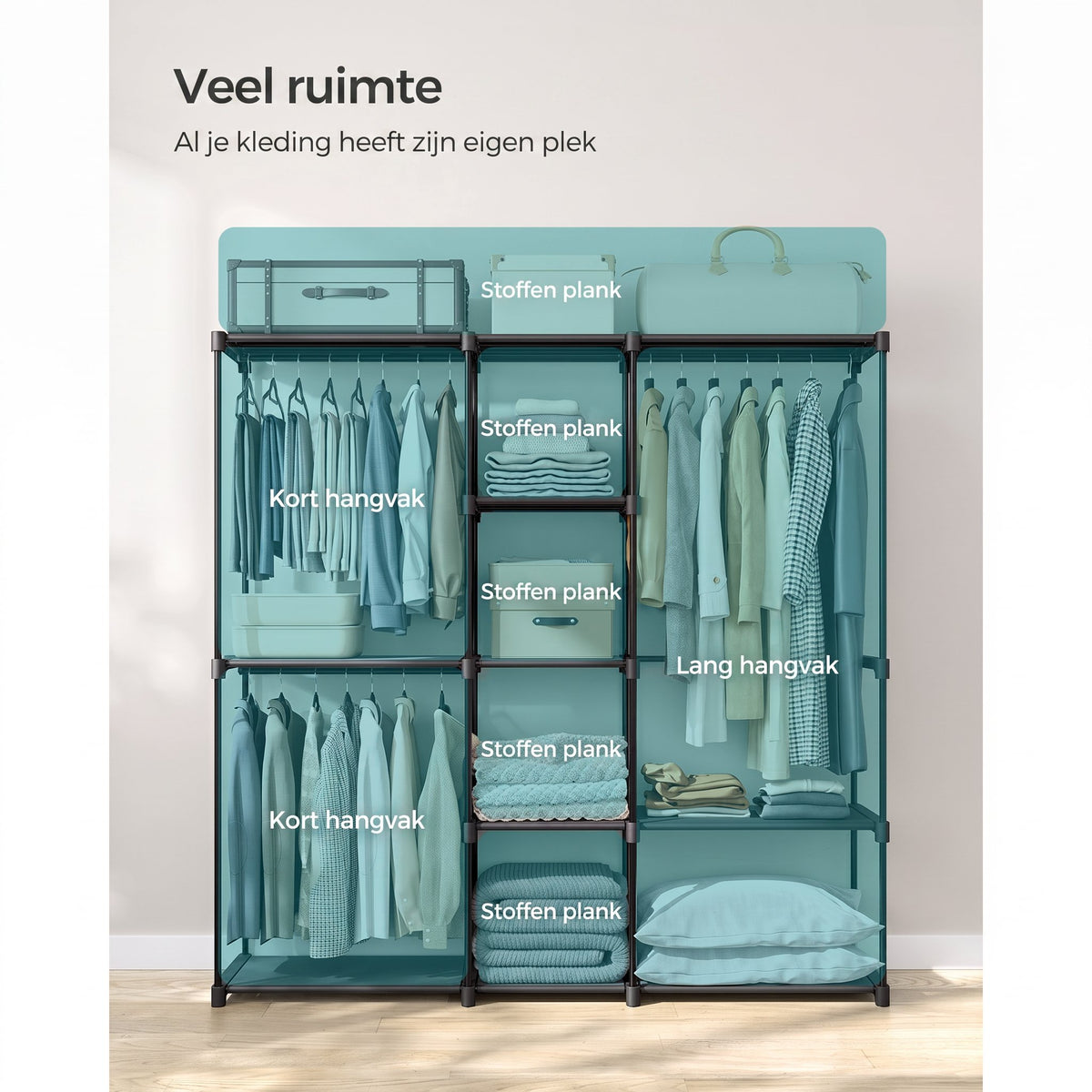 Vrijstaande Kledingkast van Stof met 11 Planken en 3 Hangvakken, 43 x 182 x 182 cm