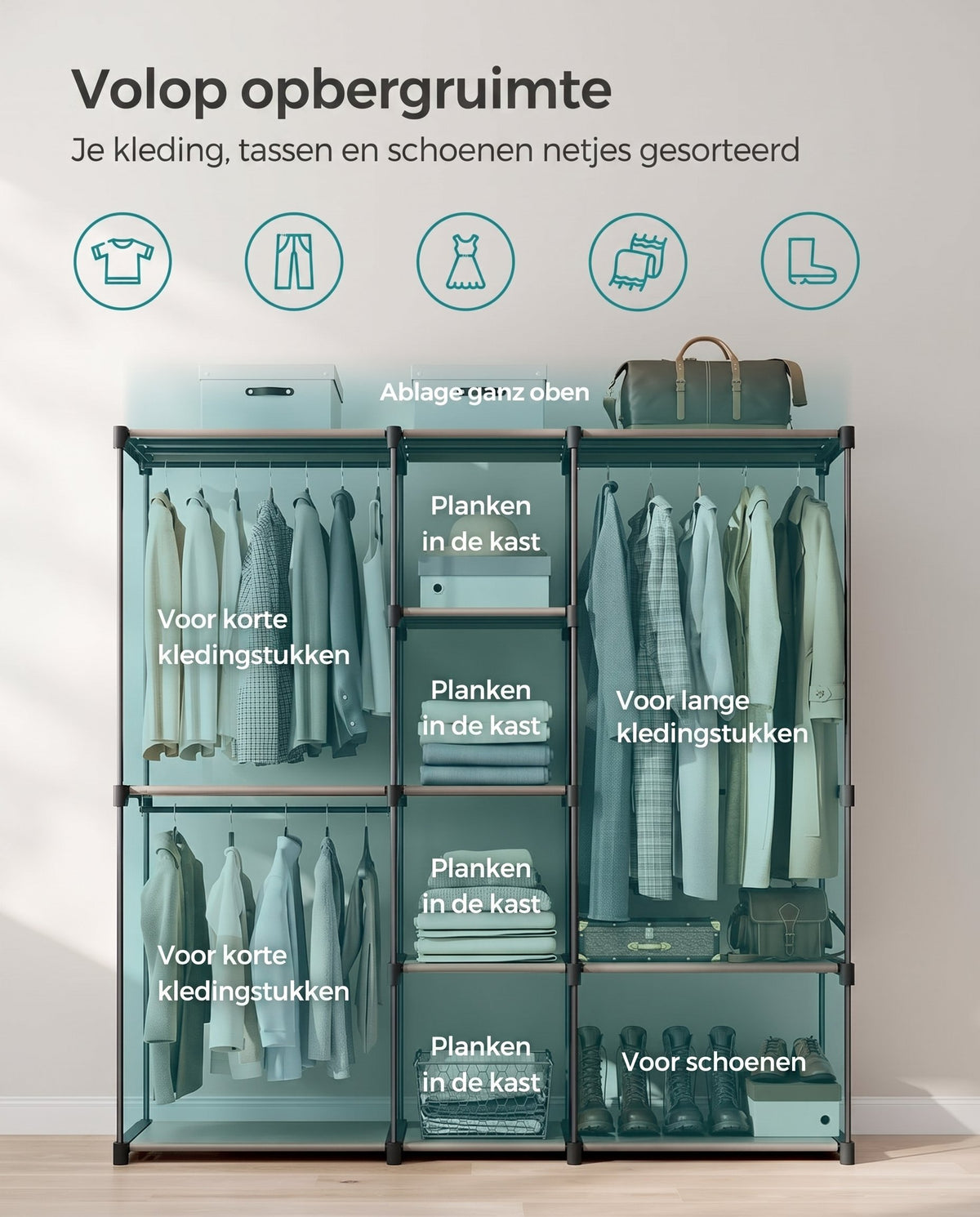 Vrijstaande Kledingkast van Stof met 11 Planken en 3 Hangvakken, 43 x 182 x 182 cm