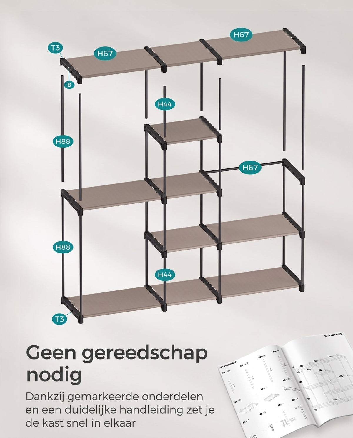 Vrijstaande Kledingkast van Stof met 11 Planken en 3 Hangvakken, 43 x 182 x 182 cm