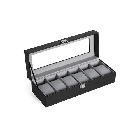 Horlogedoos voor 6 Horloges met Glazen Deksel en Slot, 30 x 11,2 x 8 cm