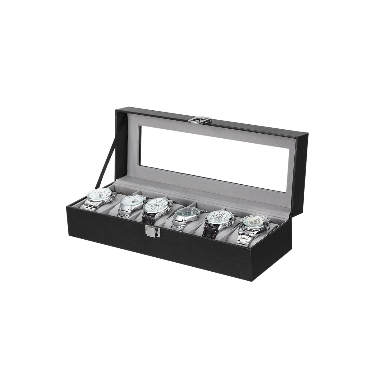 Horlogedoos voor 6 Horloges met Glazen Deksel en Slot, 30 x 11,2 x 8 cm