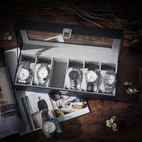 Horlogedoos voor 6 Horloges met Glazen Deksel en Slot, 30 x 11,2 x 8 cm