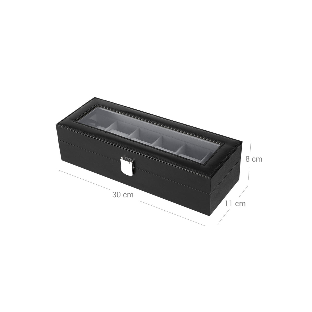 Horlogedoos voor 6 Horloges met Glazen Deksel en Slot, 30 x 11,2 x 8 cm