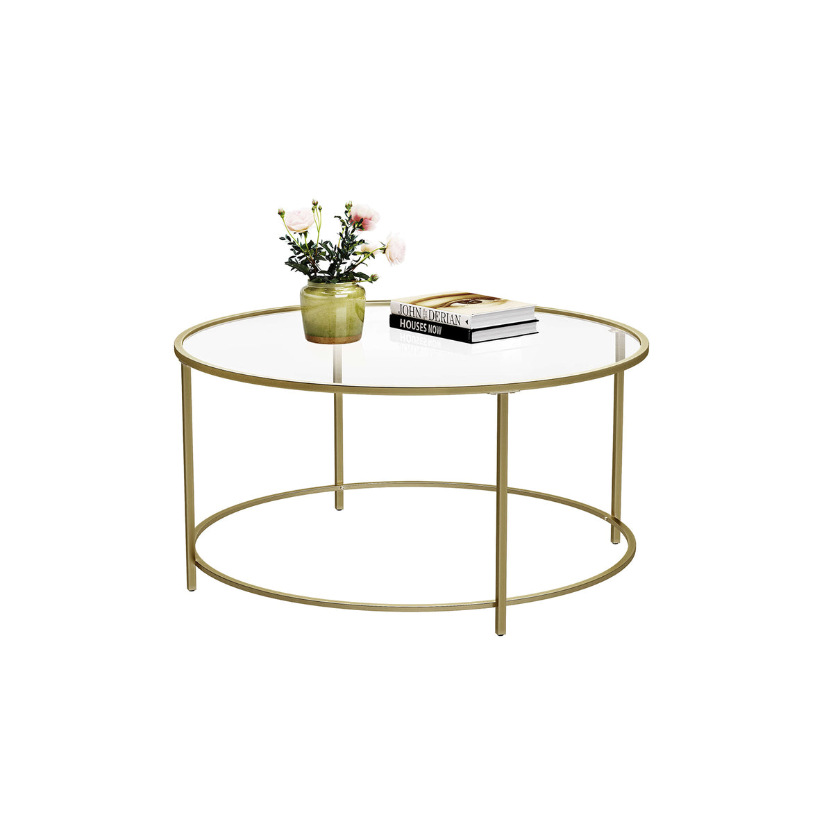 Ronde Salontafel met Glazen Blad en Goudkleurig Frame