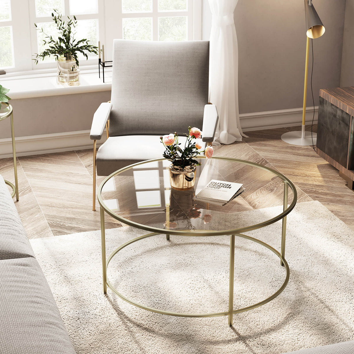 Ronde Salontafel met Glazen Blad en Goudkleurig Frame
