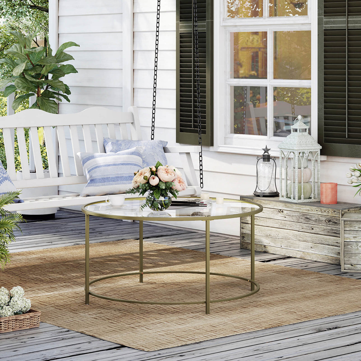 Ronde Salontafel met Glazen Blad en Goudkleurig Frame