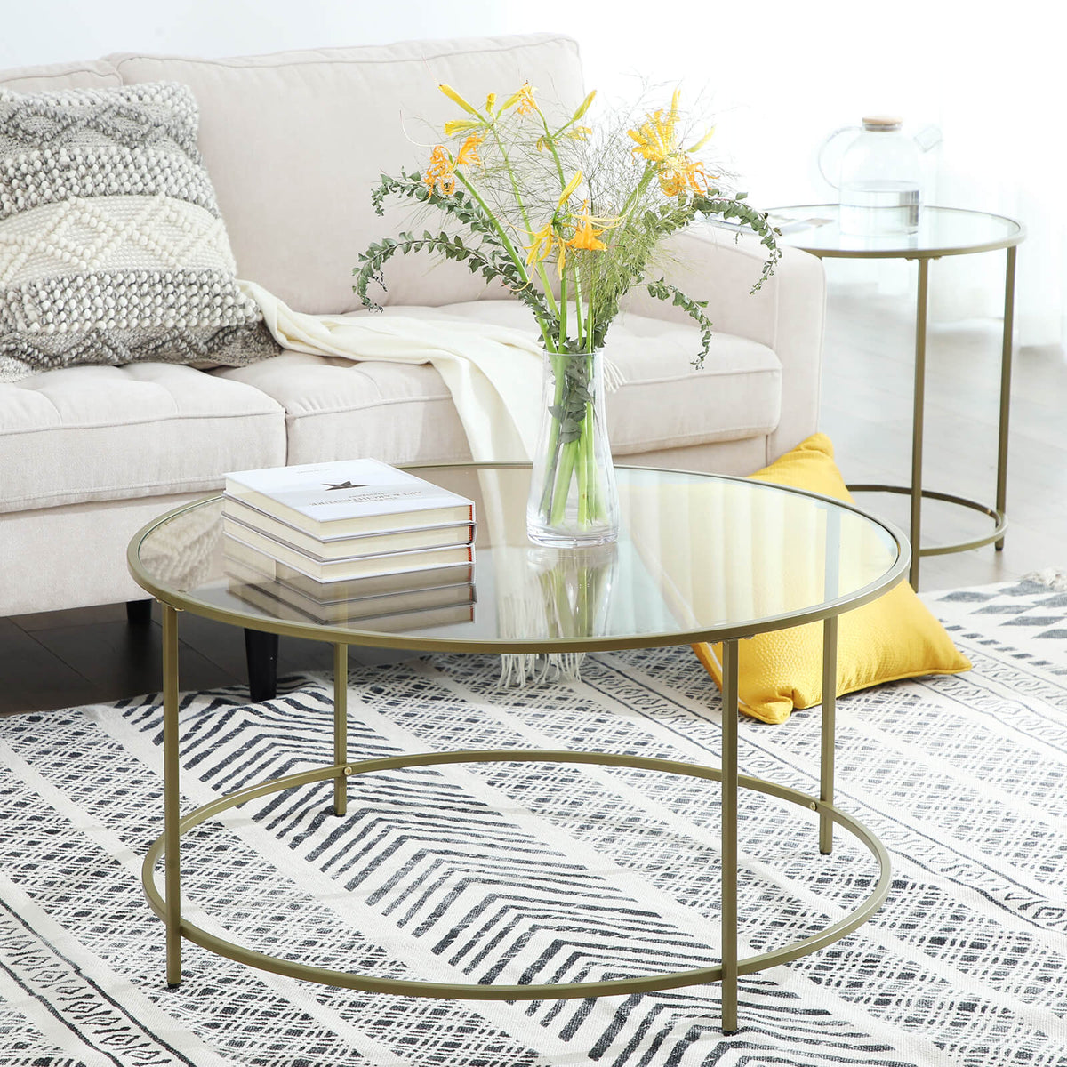Ronde Salontafel met Glazen Blad en Goudkleurig Frame