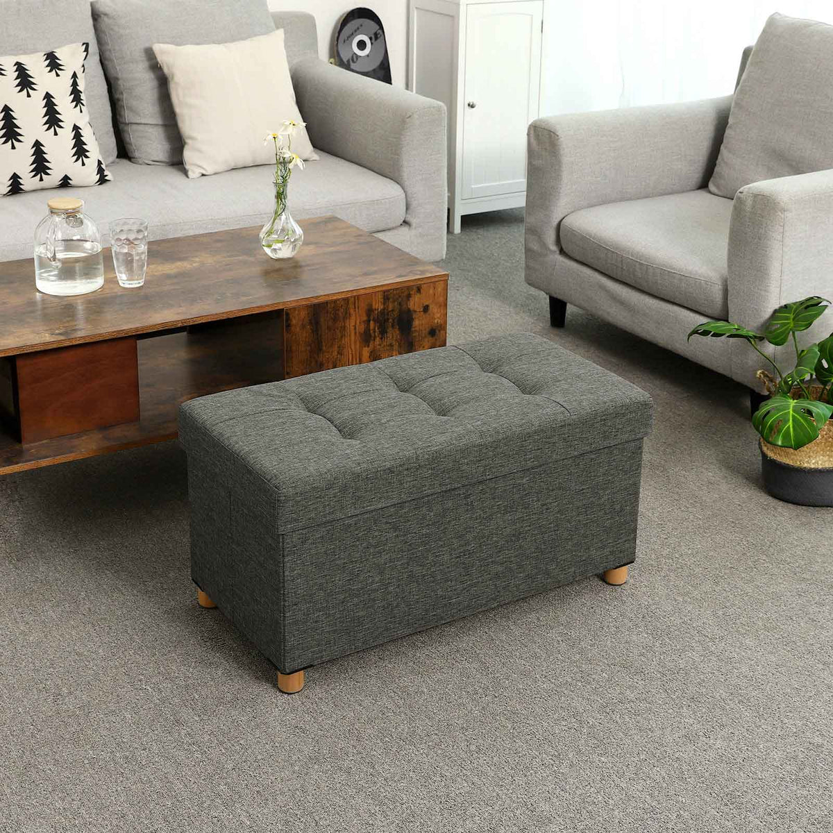 Opbergbank met Deksel en Houten Poten, 76 of 110 cm
