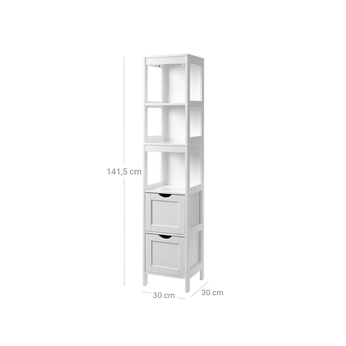 Hoge Badkamerkast met 2 Lades en 3 Open Vakken, 30 x 30 x 141,5 cm