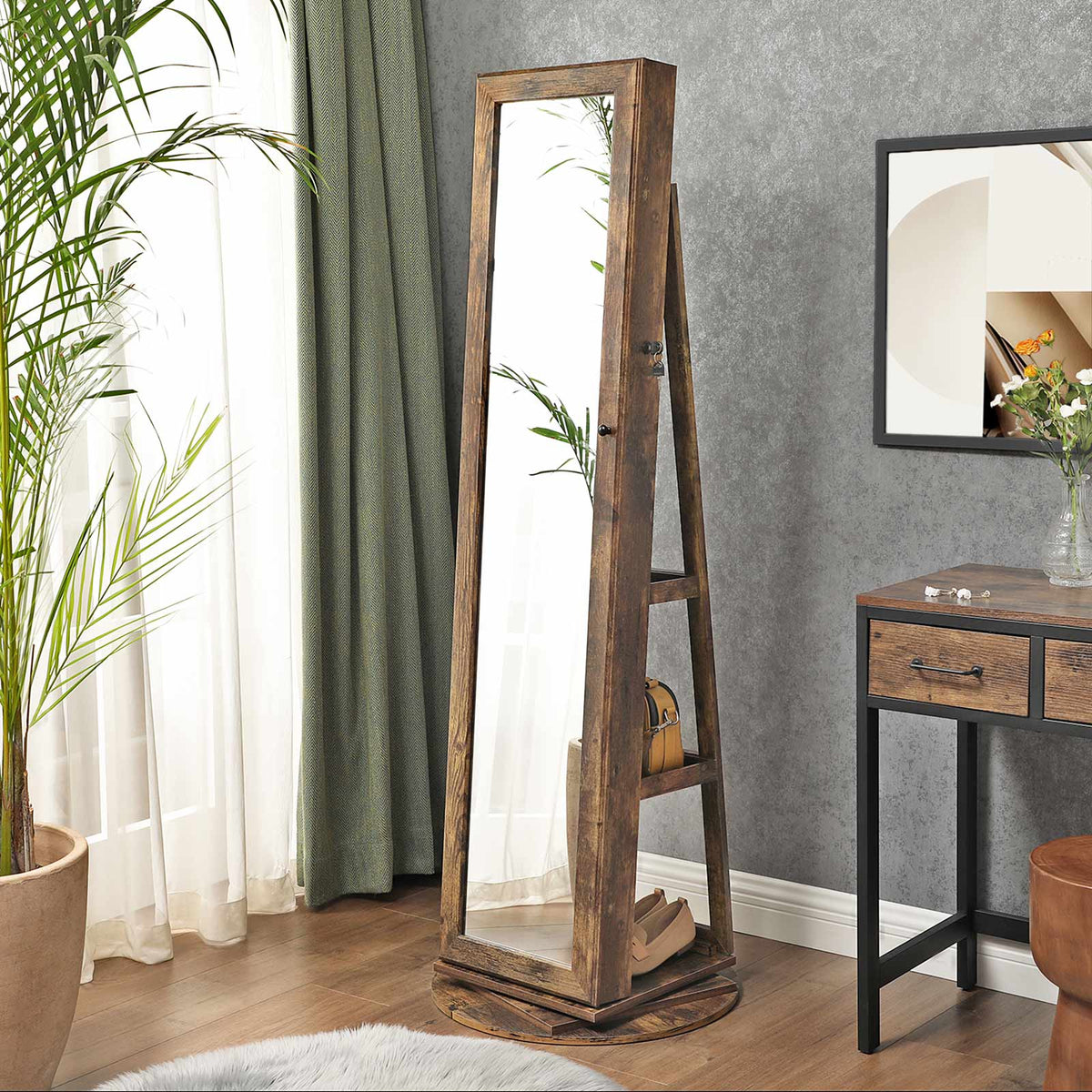 Draaibare Sieradenkast met Passpiegel en Achterplanken in Vintage Bruin