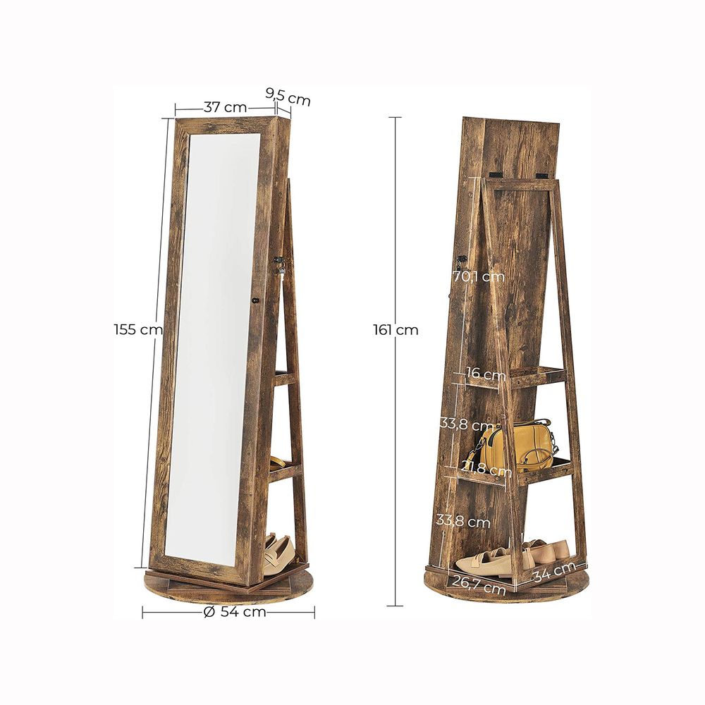 360° Draaibaar Sieradenkastje met Passpiegel in Vintage Bruin