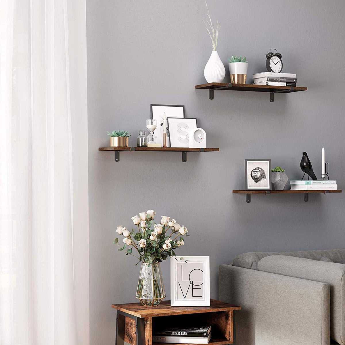 Zwevende Wandplanken Set van 2 in Vintage Houtlook, 60 x 20 x 7 cm
