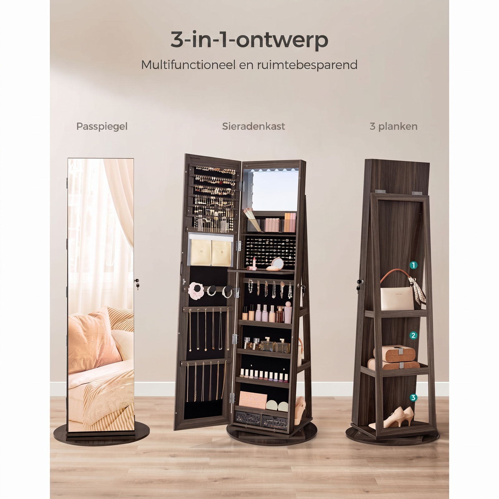 360° Draaibare Sieradenkast met Spiegel en LED-Verlichting – productweergave 29 | De Groot Living