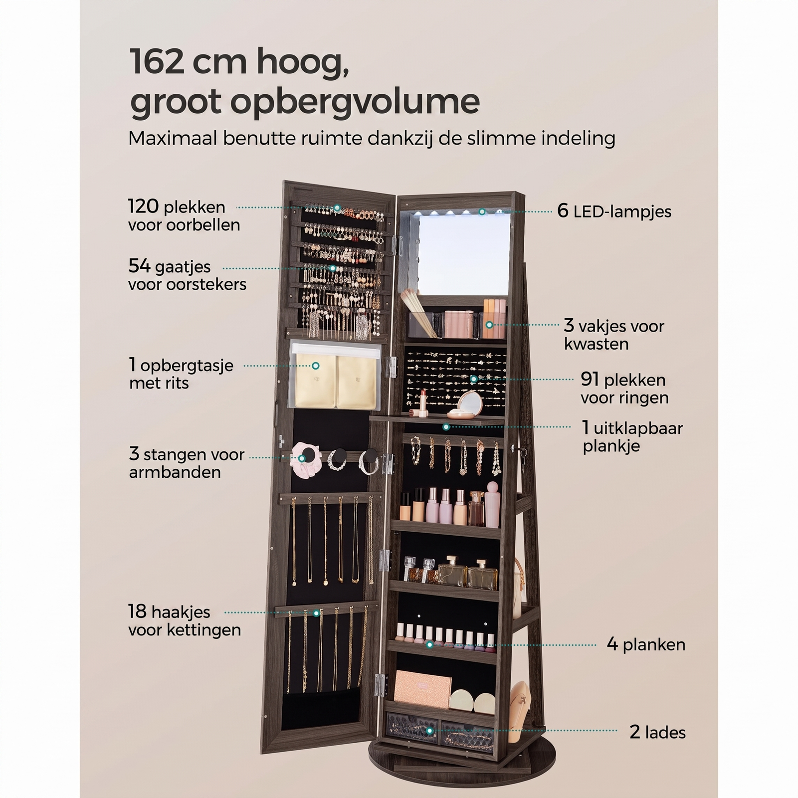 360° Draaibare Sieradenkast met Spiegel en LED-Verlichting – productweergave 32 | De Groot Living